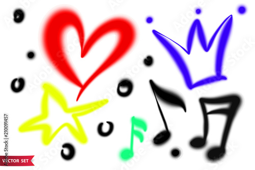 Vector set of hand drawn airbrush symbols. Various color hand drawn crown, heart, star and music sheets.