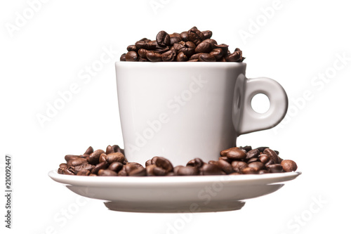 White cup full of fresh coffee beans