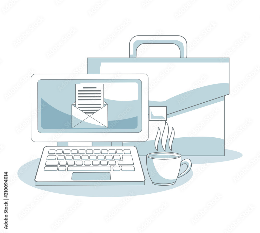 Computer with coffee cup and briefcase vector illustration graphic design Computer with coffee cup and briefcase vector illustration graphic design