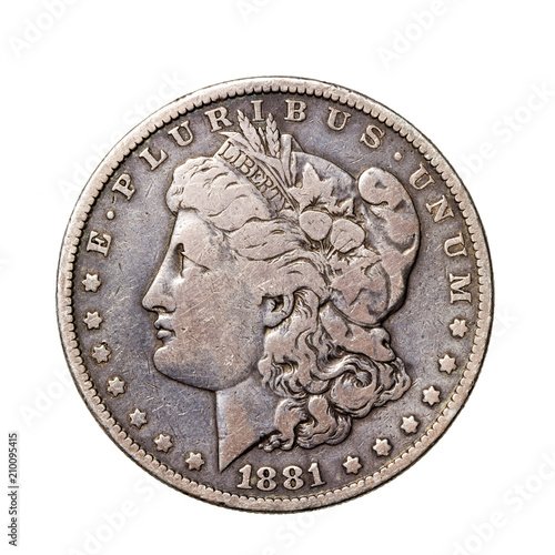 Fotografi Authentic 1881 Morgan Silver Dollar - American Coin Isolated on White Background