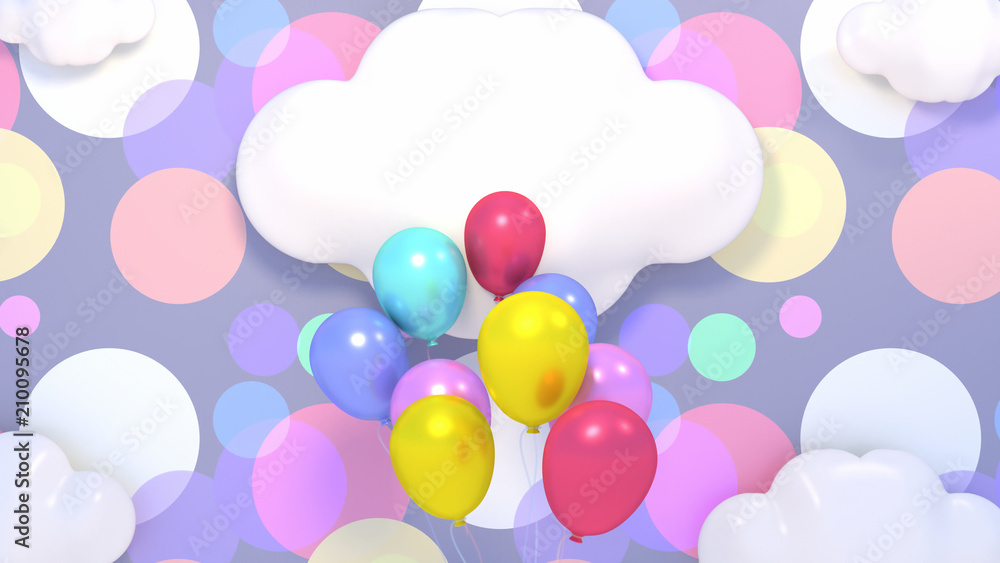 3d rendering picture of colorful balloons and white clouds on polka dot pattern background. 3d rendering picture of colorful balloons and white clouds on polka dot pattern background.