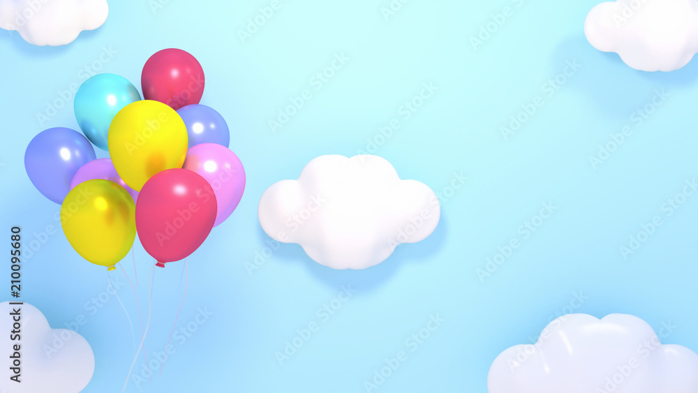 3d rendering picture of colorful balloons and white clouds in the sky.