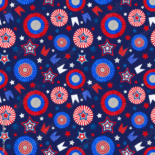 4th of July Seamless Pattern with Tricolor Cockades and Stars on Dark Blue Background.  Seamless Pattern for Patriotic Cockades and Stars for Print, Background, and Textile.