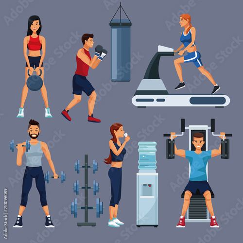 Set of people and gym equipment collection vector illustration graphic design photo