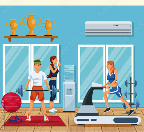 Fototapeta Naklejka Na Ścianę i Meble -  Fitness people training inside gym vector illustration graphic design