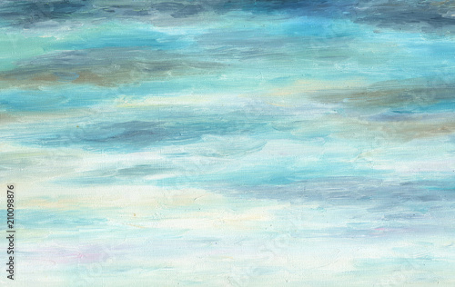 Blue and gray clean background. Autumn cloudy sky. Uniform texture. Oil painting on canvas.