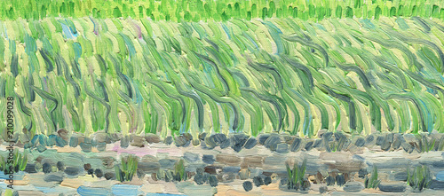 Multicolored large and rough multidirectional brush strokes. Warm yellow and green scale. Grass on a spring meadow in the wind. Oil painting on canvas.