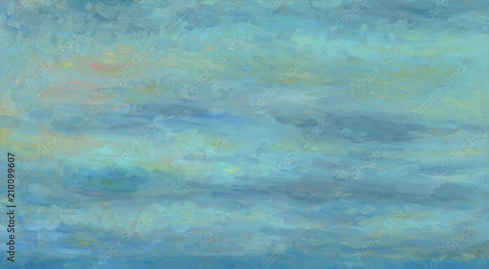Blue and gray clean background. Autumn cloudy sky. Uniform texture. Oil painting on wood.