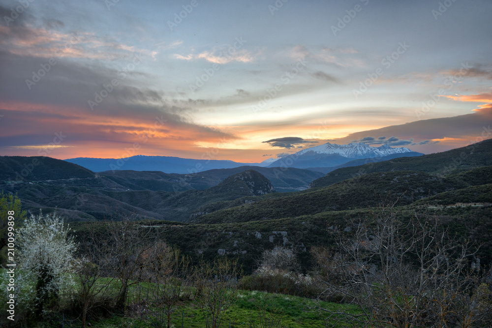 Snowy Mountain Sunset in Northern Greece taken in April 2018