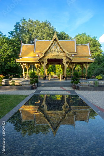 Beautiful peaceful Thai pavilion and reflecting pool in Olbrich Botanical Gardens in Madison, Wisconsin