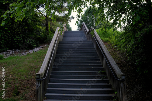 Fototapeta Naklejka Na Ścianę i Meble -  Stairs leading down to the greenway by Lake Raleigh in Raleigh North Carolina