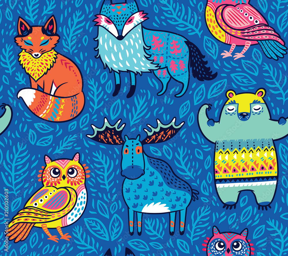 Tribal forest animals in blue. Vector illustration