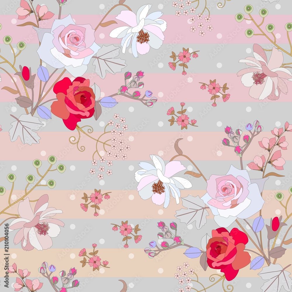 Plakat Cute seamless floral pattern on striped polka dot background. Gentle print for fabric. Vector spring or summer design.