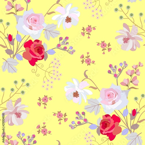 Seamless summer floral ornament with bunchs of garden flowers and bird cherry berries isolated on vibrant yellow background. Print for fabric. Natural pattern.