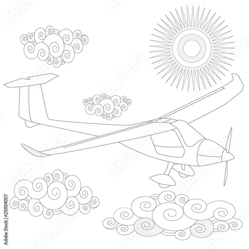 Glider. Coloring image of glider in the sky. Vector.