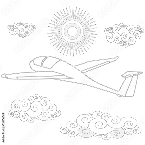 Glider. Coloring image of glider in the sky. Vector.
