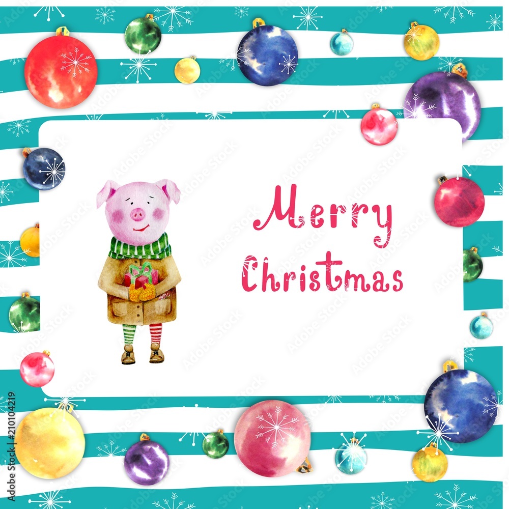 Fototapeta premium Christmas frame with colorful balloonsand pig on red striped background.