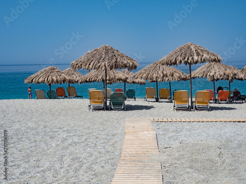 Sunshades on Xeromilia Beach in Agia Paraskevi  Crete  Greece  By the Sea. Near by Triopetra. June  2018