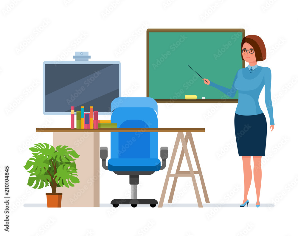 Teacher character person next to board lesson in class Teacher character person next to board lesson in class
