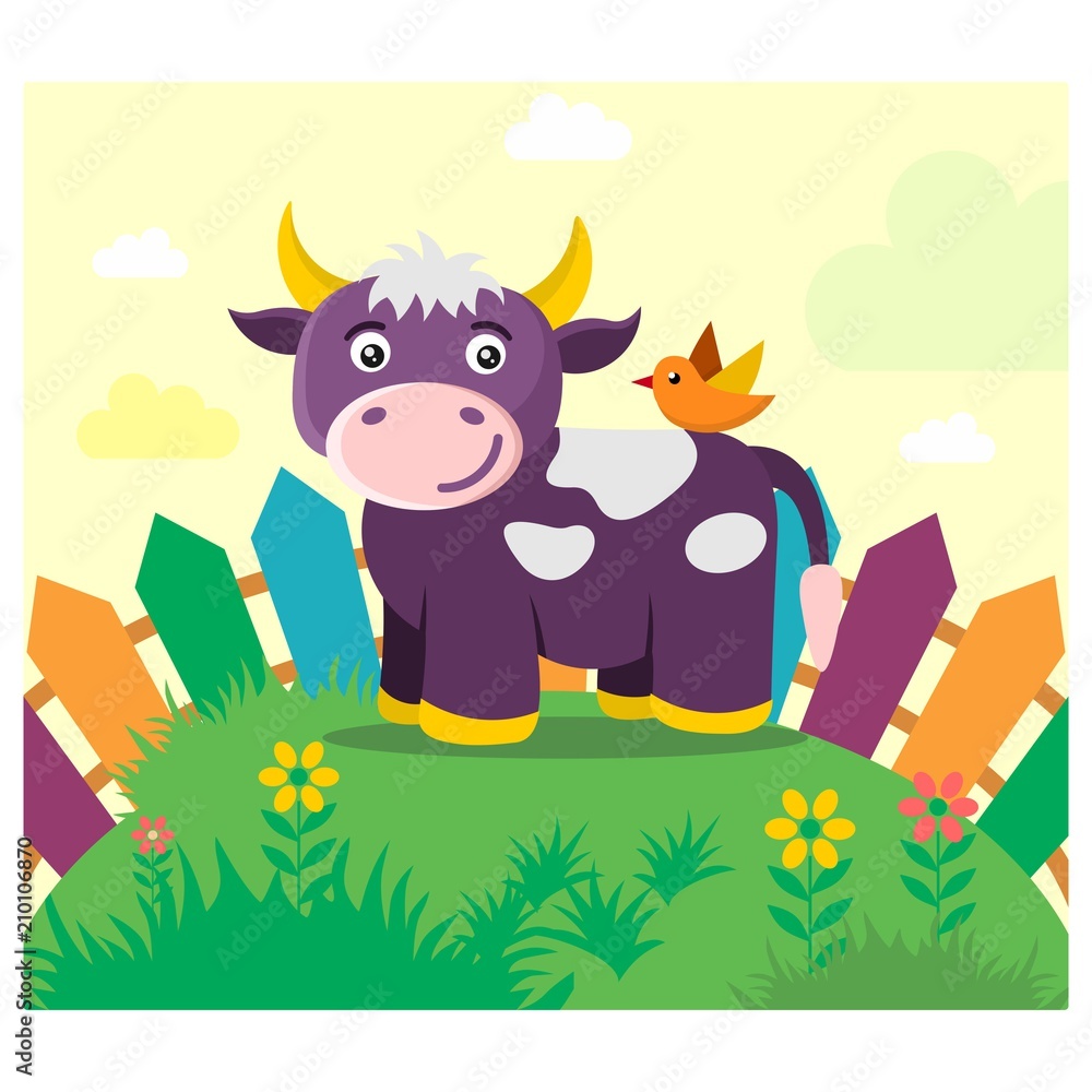 cute funny purple dairy cow in the garden cartoon character cute funny purple dairy cow in the garden cartoon character