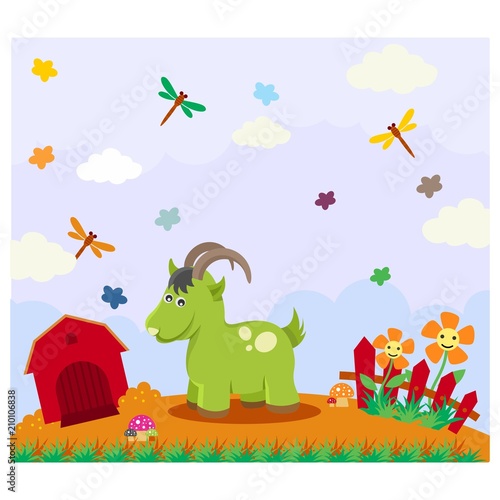 cute funny green goat in the farms cartoon character