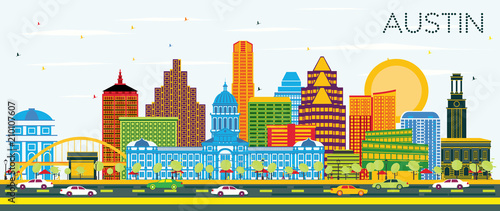 Austin Texas Skyline with Color Buildings and Blue Sky.