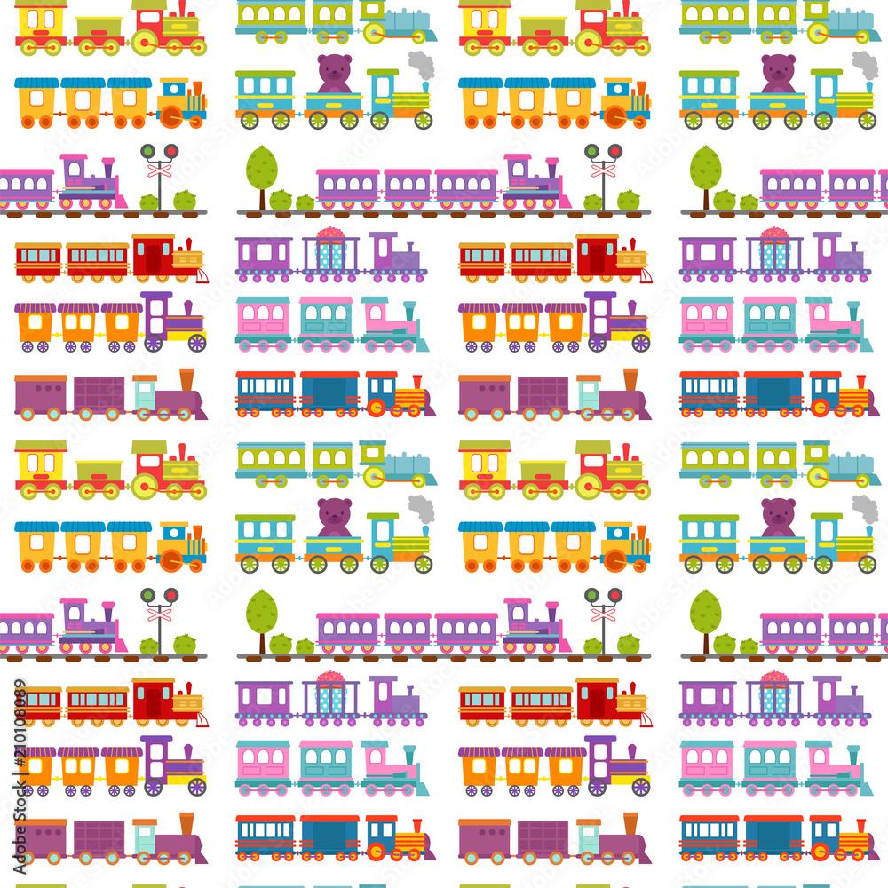 Game gift kids train seamless pattern background vector travel railroad transportation toy locomotive illustration.
