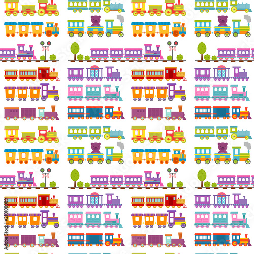 Game gift kids train seamless pattern background vector travel railroad transportation toy locomotive illustration.