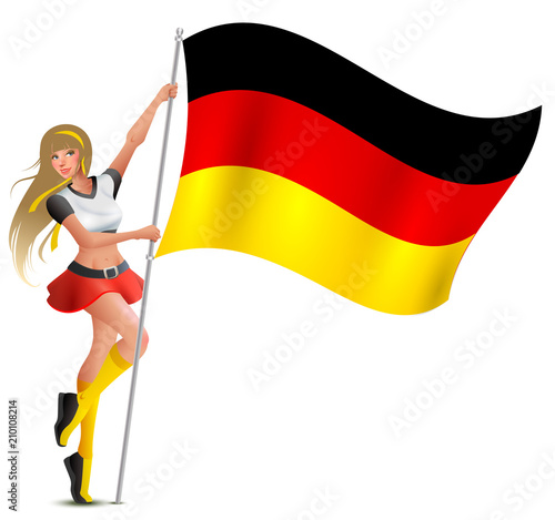Beautiful woman holding flag of German. Soccer fan cheerleader