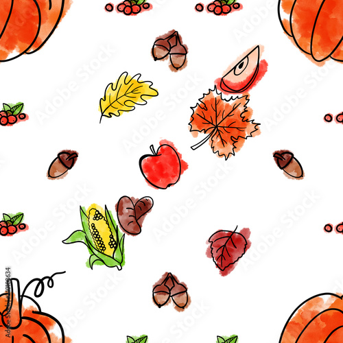 Cartoon cute hand drawn Thanksgiving seamless pattern. Line art detailed, with lots of objects background. Illustration photo