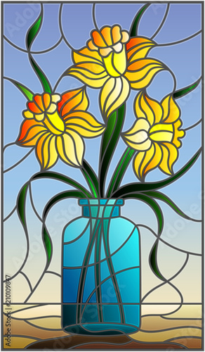 Illustration in stained glass style with still life, bouquet of yellow daffodil in a glass jar on a blue background