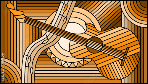 Illustration in stained glass style on the theme of music, abstract guitar and notes ,monochrome,tone brown