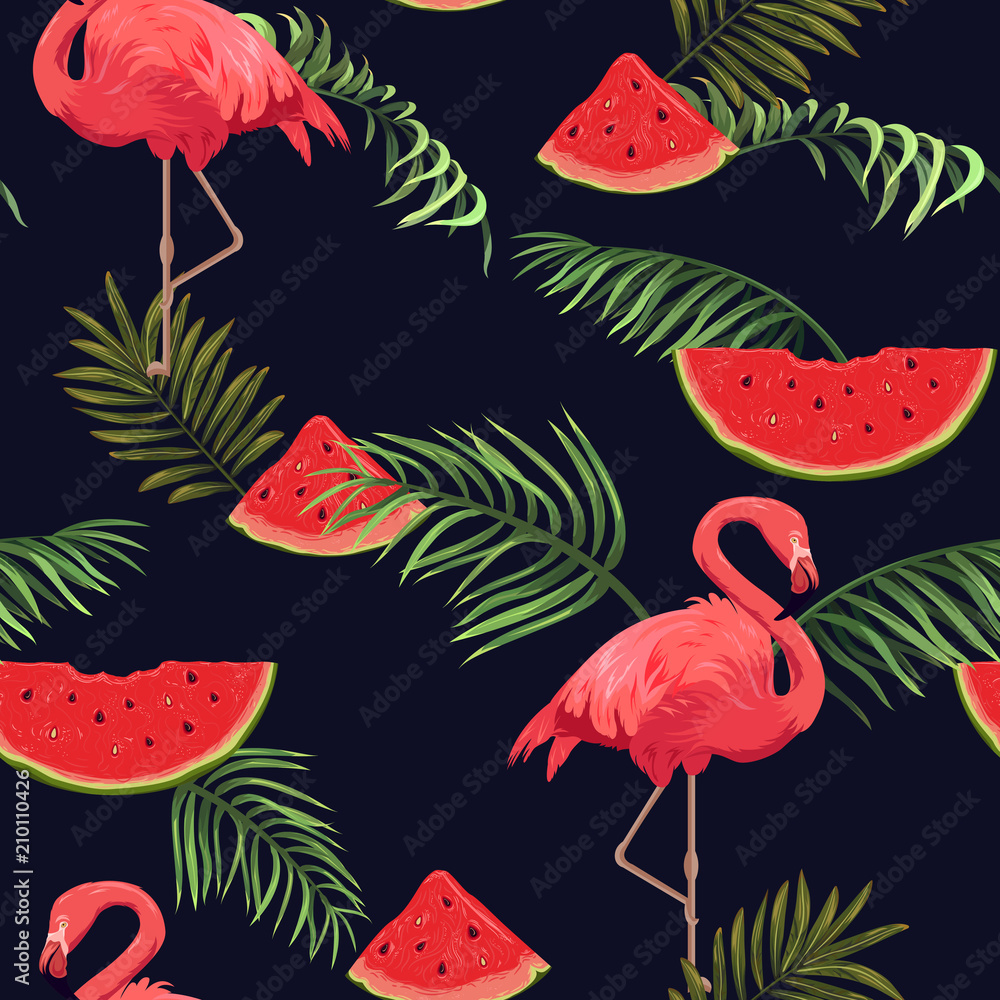 Fototapeta premium seamless pattern with flamingos, watermelons and palm leaves