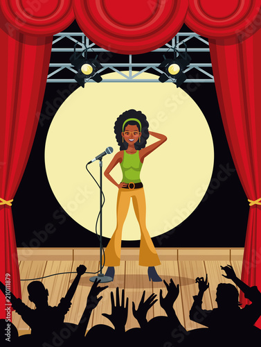 Music artist in stage with fans silhouettes vector illustration graphic design