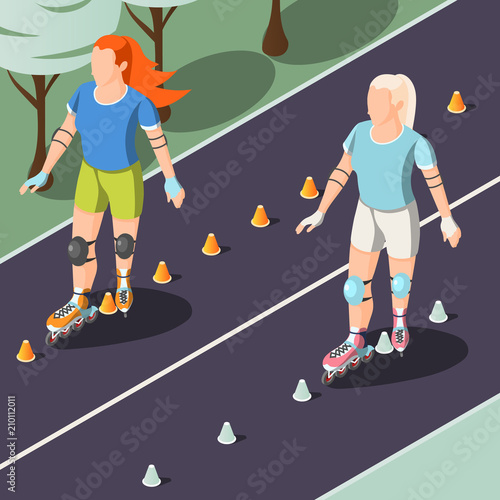 Two Young Women Riding On Rollers