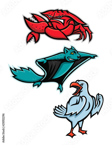 Mascot icon illustration set of angry animal wildlife like the red king crab or land  crab, northern flying squirrel and gull or seagull on isolated background in retro style.