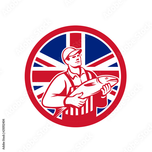 Icon retro style illustration of a British fishmonger selling fish with United Kingdom UK, Great Britain Union Jack flag set inside circle on isolated background.