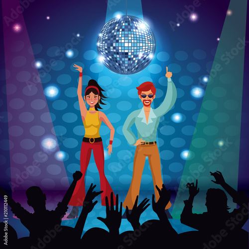 Couple of disco dancers at stage vector illustration graphic design