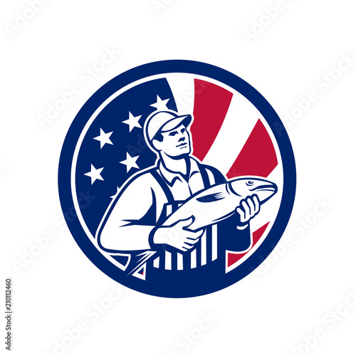 Icon retro style illustration of an American fishmonger selling fish with United States of America USA star spangled banner or stars and stripes flag inside circle isolated background.