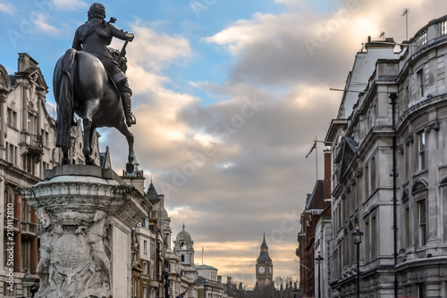 Photo View from Trafalgar Square on the back of the Renaissance-style equestrian statue of Charles I on horseback looking down Whitehall towards Big Ben, Westminster, London