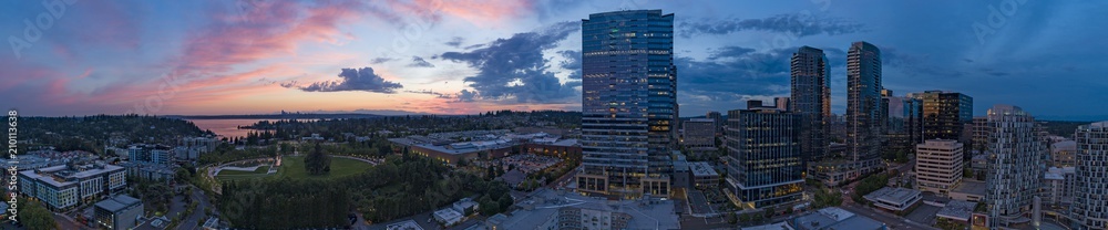Bellevue Washington Downtown Sunset Panorama Pink Sky City Overview