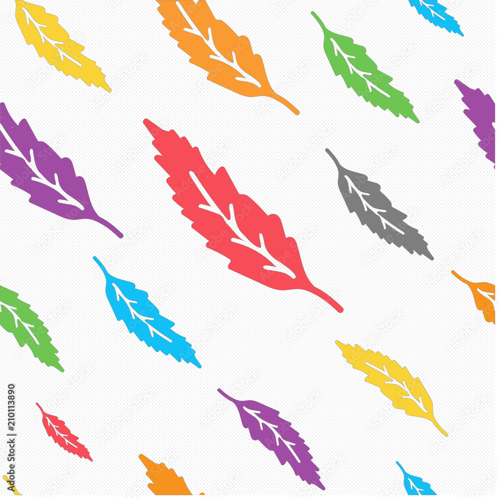 Vector illustration of colorful leaves seamless pattern. Light dotted background. Modern mood and colors