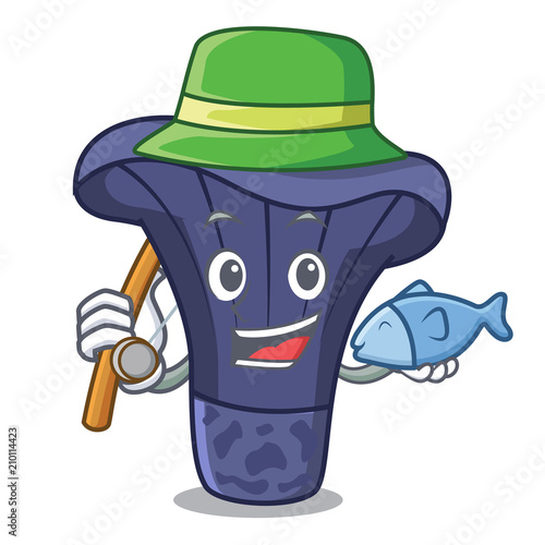 Fishing actarius indigo mushroom mascot cartoon