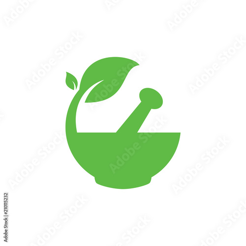Mortar and pestle pharmacy nature herbal health logo design vector template