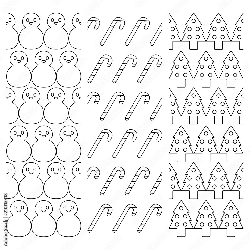 Set of three Christmas patterns with snowman, candy canes and Christmas tree in linear style