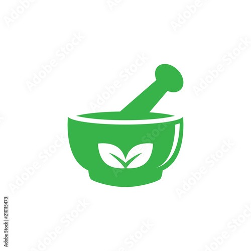 Mortar and pestle pharmacy nature herbal health logo design vector template