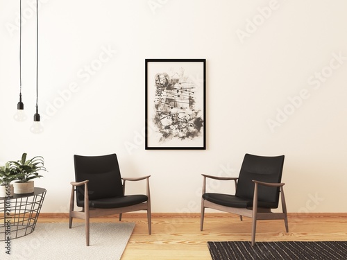 Blick auf zwei Sessel vor einer weißen Wand im Wohnzimmer photo