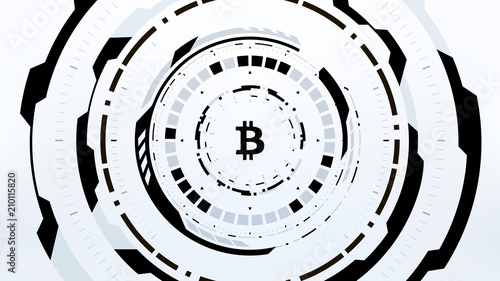 Bitcoin Cryptocurrency Futuristic Sci-Fi Technology Circular HUD Background Illustration in Black and White. Worldwide Digital Money Blockchain System