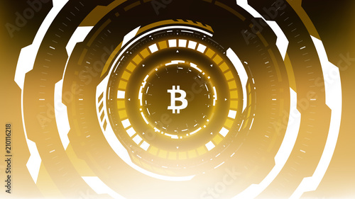 Golden Bitcoin Cryptocurrency Futuristic Sci-Fi Technology Circular HUD Background Illustration. Worldwide Digital Money Blockchain System
