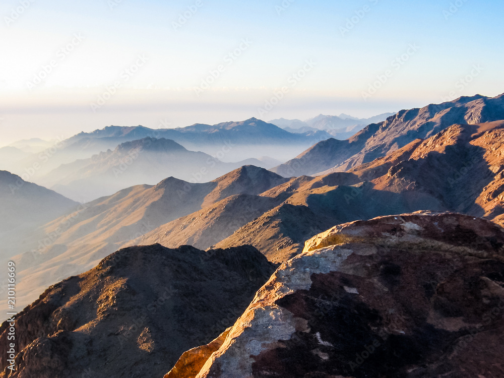Fototapeta premium Spectacular aerial view of the holy summit of Mount Sinai, Aka Jebel Musa, 2285 meters, at sunrise, Sinai Peninsula in Egypt.